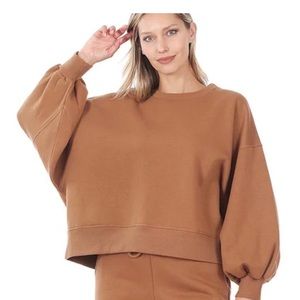 NWOT Zenana Balloon Sleeve Sweatshirt - Small Camel Crop Oversized